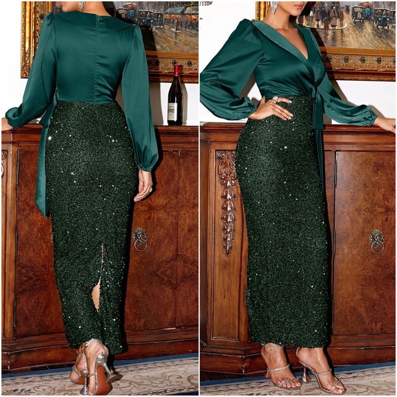 Luxe Satin Sequin Holiday Party Evening Formal Dress - Picture 7 of 9